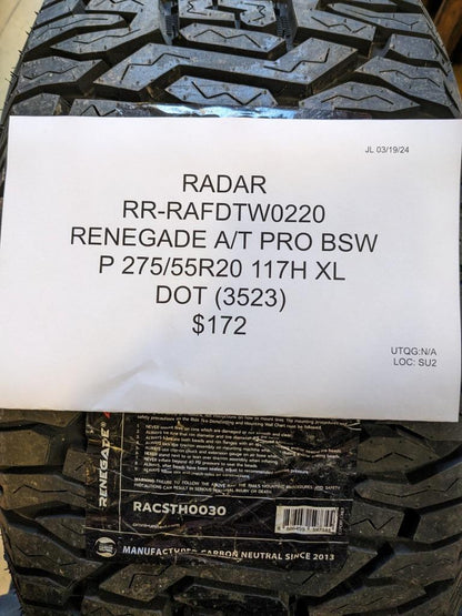 RADAR RENEGADE A/T PRO BSW P 275 55 20 117H XL TIRE RAFDTW0220 CQ2