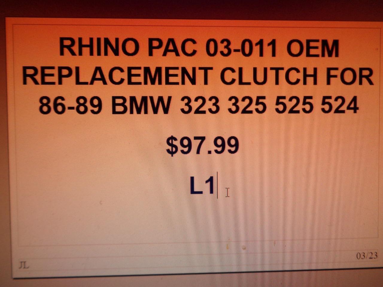 RHINO PAC 03-011 OEM REPLACEMENT CLUTCH FOR 86-89 BMW 323 325 525 524 L1