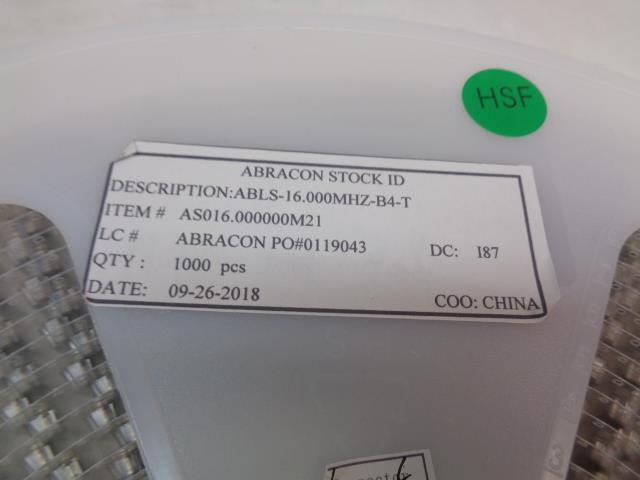 NEW ABRACON CRYSTAL 16.0000MHZ 18PF SMD 1000PC. ABLS-16.000MHZ-B4-T R4
