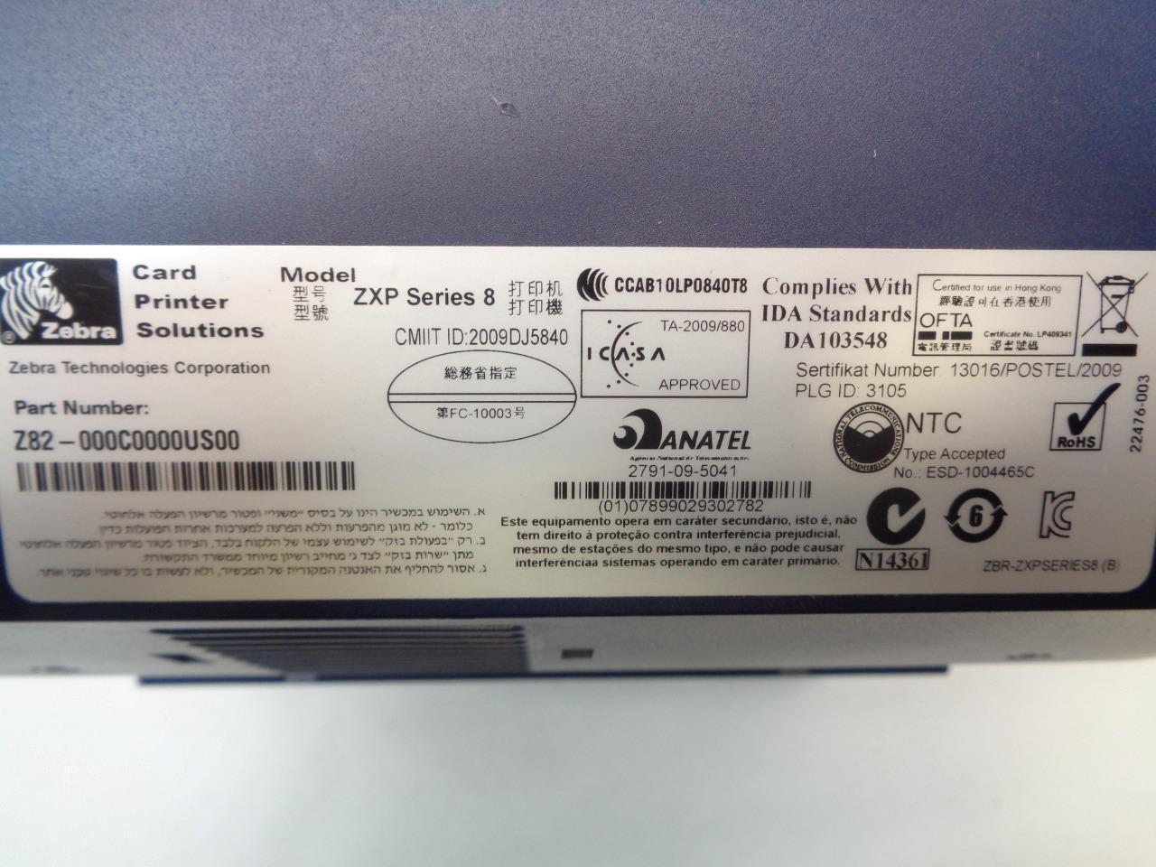 ZEBRA ZXP SERIES 8 DOUBLE-SIDED CARD PRINTER Z82-000C0000US00 (PRINTER ONLY) R33