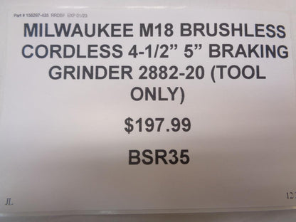 MILWAUKEE M18 BRUSHLESS CORDLESS 4-1/2" 5" BRAKING GRINDER 2882-20 (TOOL ONLY)