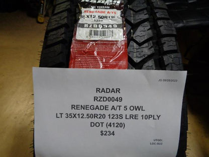 RADAR RENEGADE A/T 5 OWL LT 35 12.50 20 123S LRE 10PLY TIRE RZD0049 BQ4