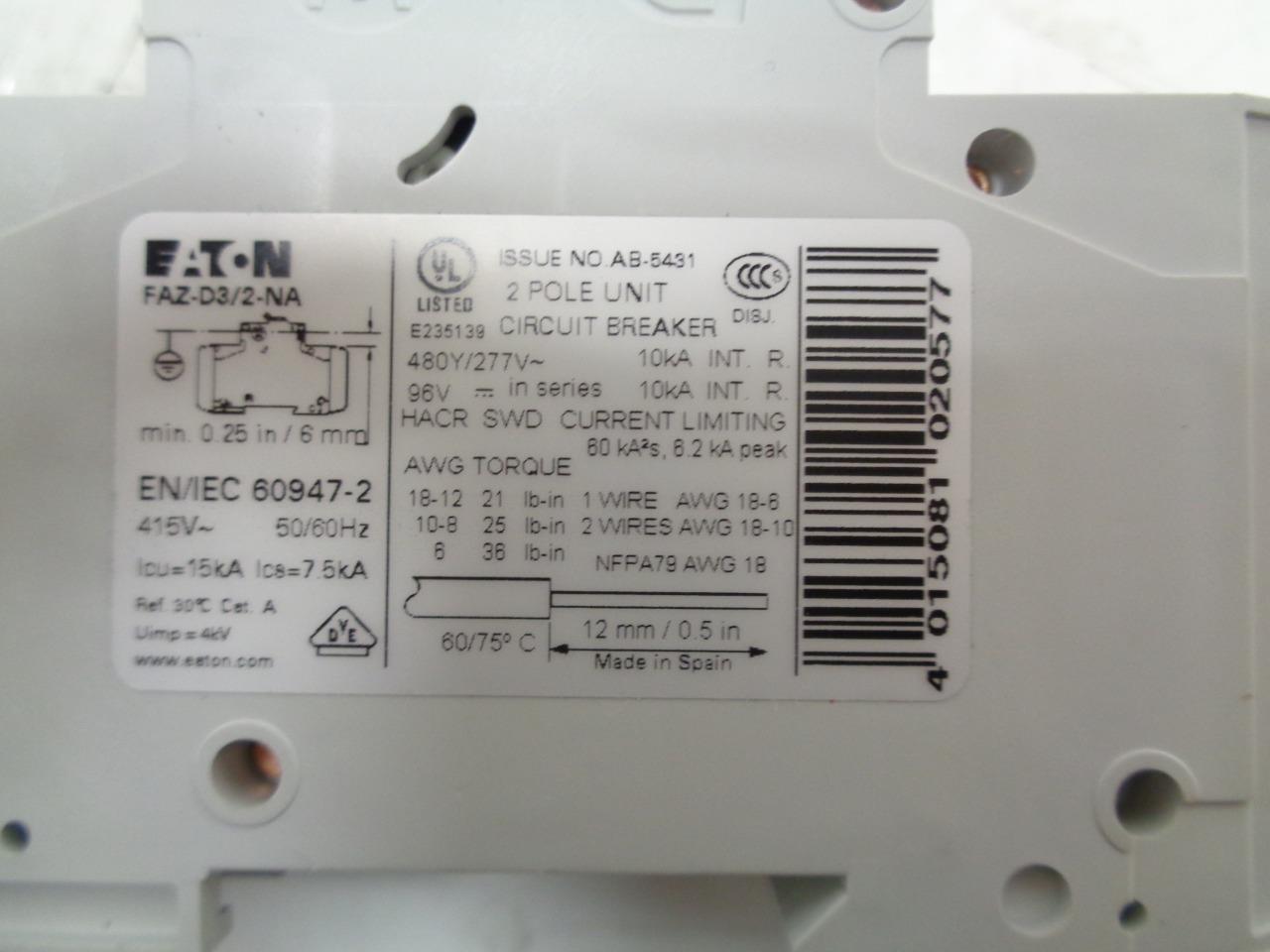 NEW EATON FAZ-D3/2-NA CIRCUIT BREAKER 102181 R4TB