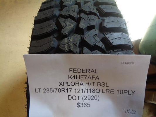 1 FEDERAL XPLORA R/T BSL LT 285 70 17 121/118Q LRE 10PLY TIRE K4HF7AFA BQ2
