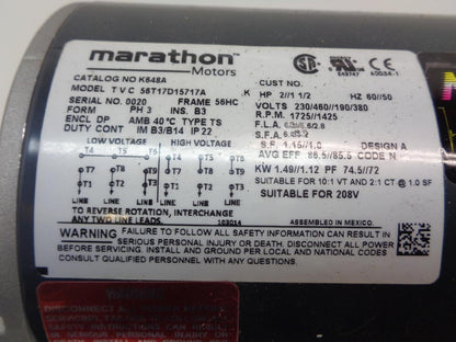 NEW MARATHON MAX GUARD MOTOR 2.5 HP 60HZ ELECTRIC MOTOR K648A H1