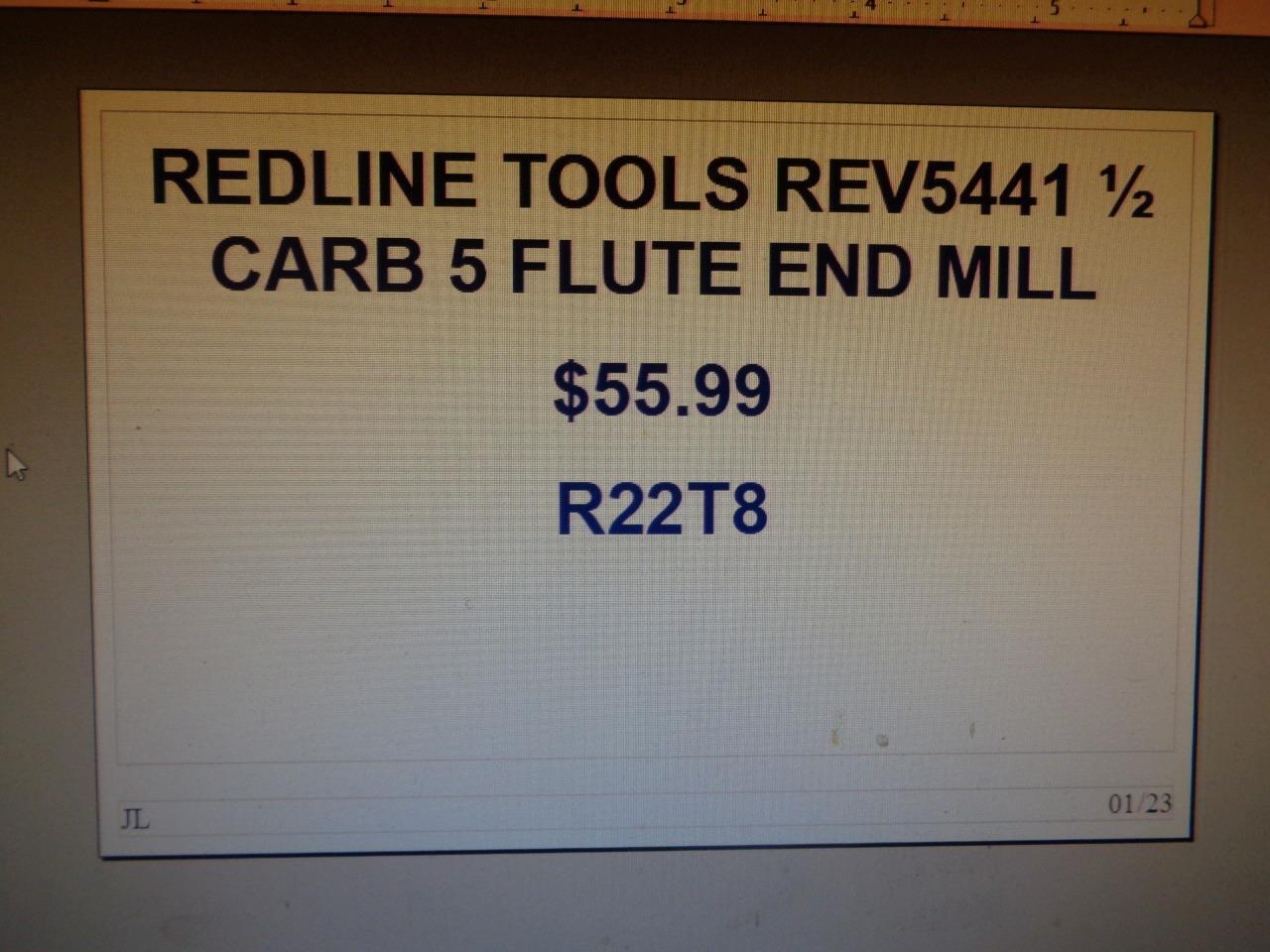REDLINE TOOLS REV5441 1/2" CARBIDE SQUARE 5 FLUTE END MILL R22T8