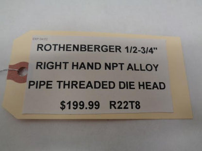 ROTHENBERGER 1/2-3/4" RIGHT HAND NPT ALLOY PIPE THREADED DIE HEADS R22T8