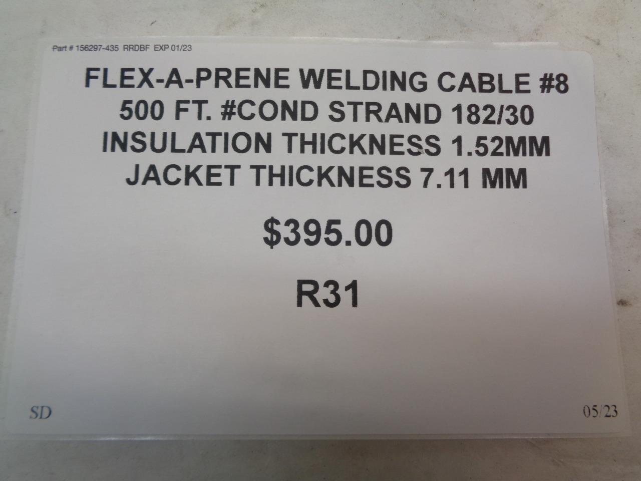 FLEX-A-PRENE WELDING CABLE #8 500 FT. COND STRAND 182/30 INSULATION 1.52MM R31