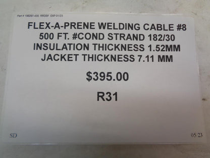 FLEX-A-PRENE WELDING CABLE #8 500 FT. COND STRAND 182/30 INSULATION 1.52MM R31