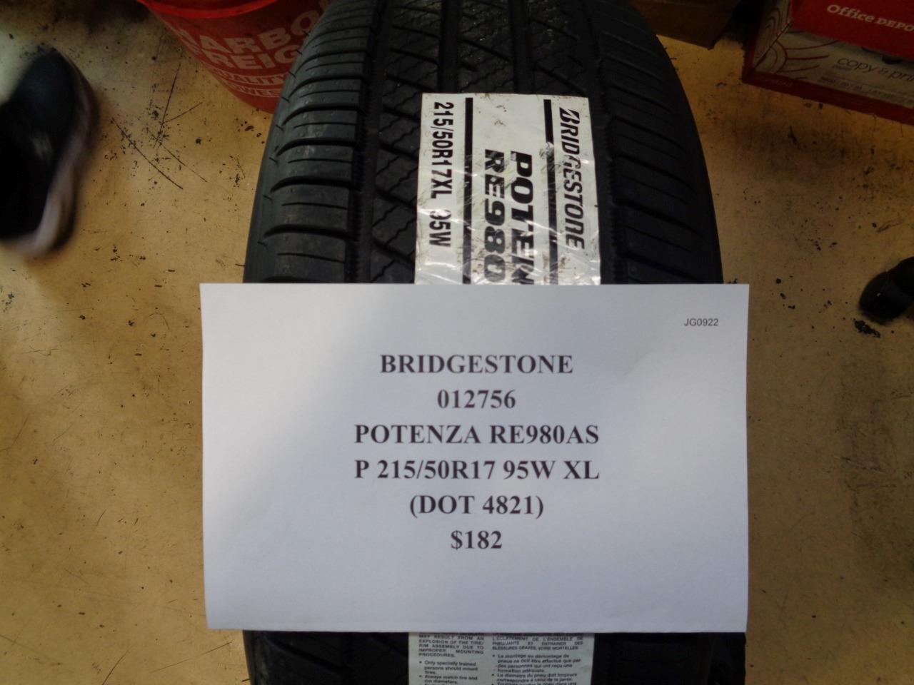 1 BRIDGESTONE POTENZA RE980 A/S+ P 215 50 17 95W XL TIRE 012756 CQ1