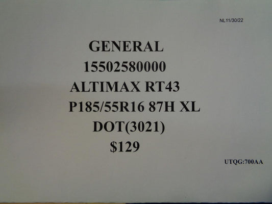 1 GENERAL ALTIMAX RT43 P 185 55 16 87H XL TIRE 15502580000