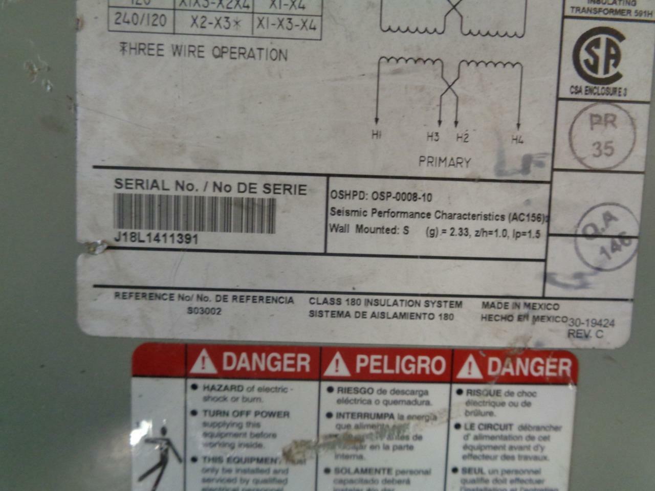 Eaton Cutler Hammer S20N11S03N  Phase 1 3000VA Class H Transformer NEW BSRG2