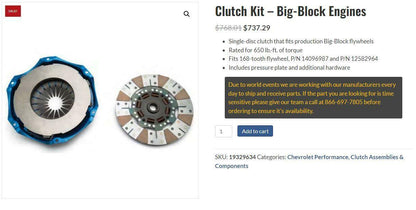 Single Disc Clutch Kit - Big Block Engines (Read Description) R8
