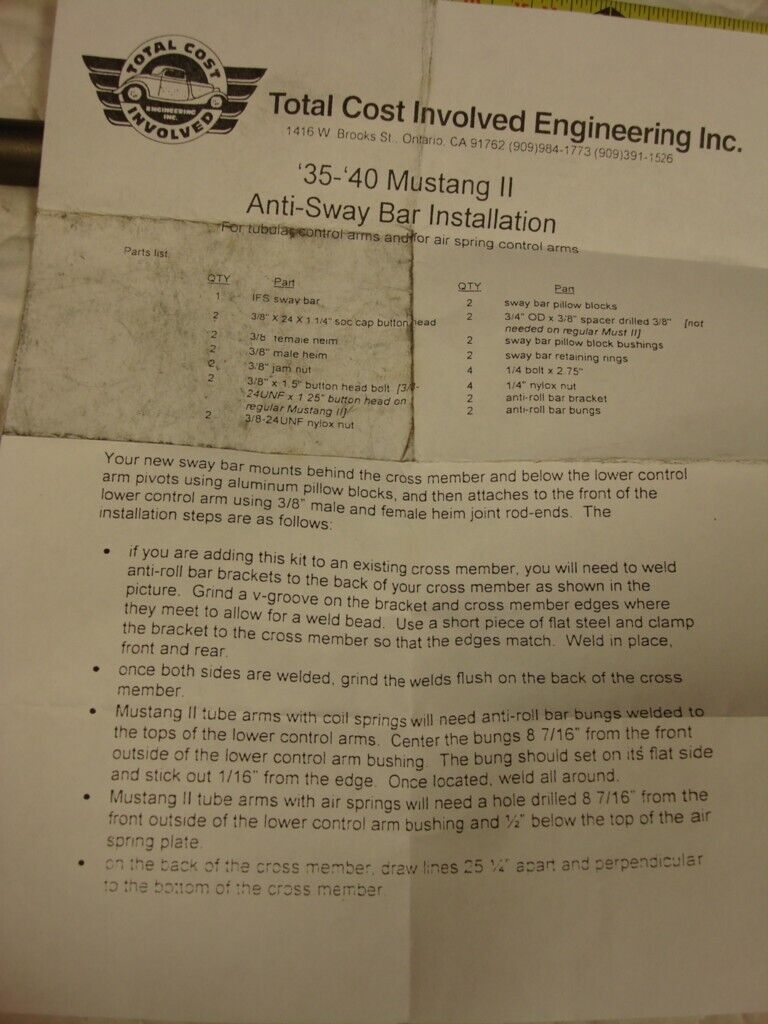 TOTAL COST INVOLVED 400491400 ANTI ROLL BAR 328320400 RACK 1962-67 NOVA/FORD R9