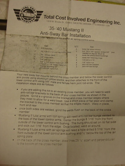 TOTAL COST INVOLVED 400491400 ANTI ROLL BAR 328320400 RACK 1962-67 NOVA/FORD R9