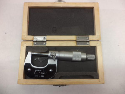 NEW PHASE II OUTSIDE MICROMETER 0-1" 0.001" 999-998 R22T5
