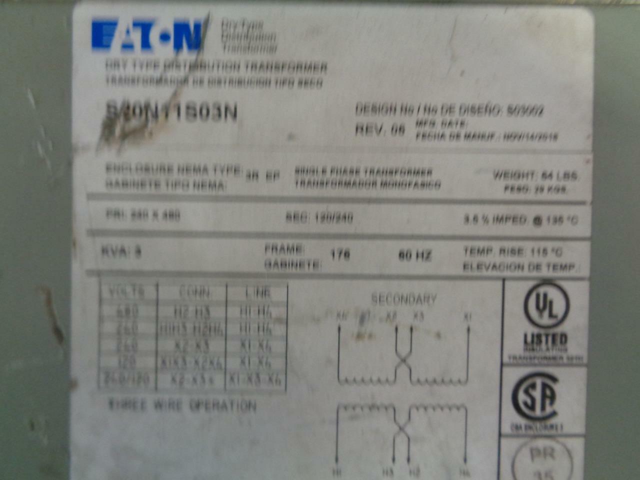 Eaton Cutler Hammer S20N11S03N  Phase 1 3000VA Class H Transformer NEW BSRG2