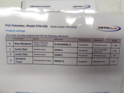 DISTELL FISH FAT METER MODEL FFM-692 WITH B MACKEREL-2 CHAR-1 CHAR-2 TROUT-2 R4