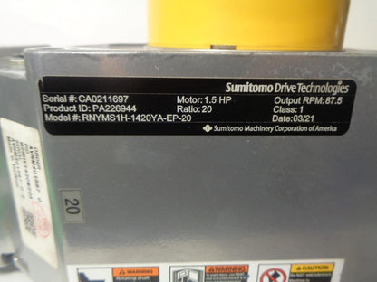 SUMITOMO 1.5HP 87.5RPM HYPONIC GEAR MOTOR RNYMS1H-1420YA-EP-20 NEW R11