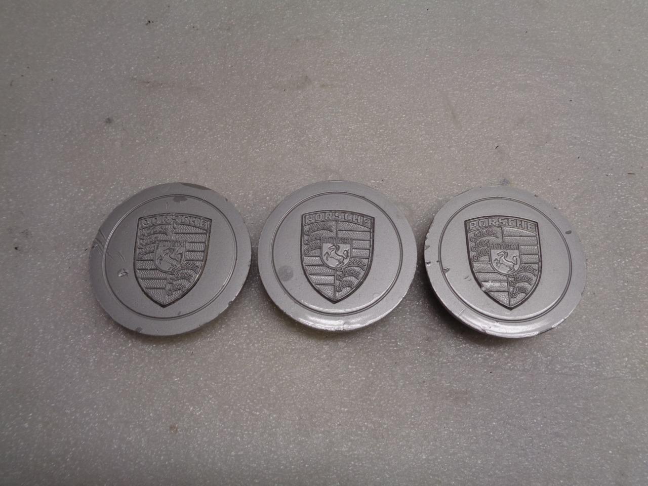 Porsche Metal Center Cap Silver Engraved Face Set of 3 76mm USED GENUINE R23
