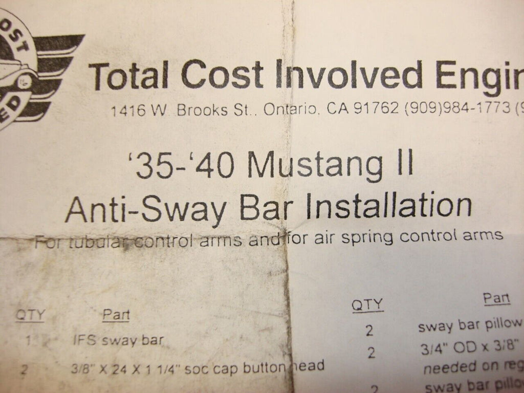 TOTAL COST INVOLVED 400491400 ANTI ROLL BAR 328320400 RACK 1962-67 NOVA/FORD R9