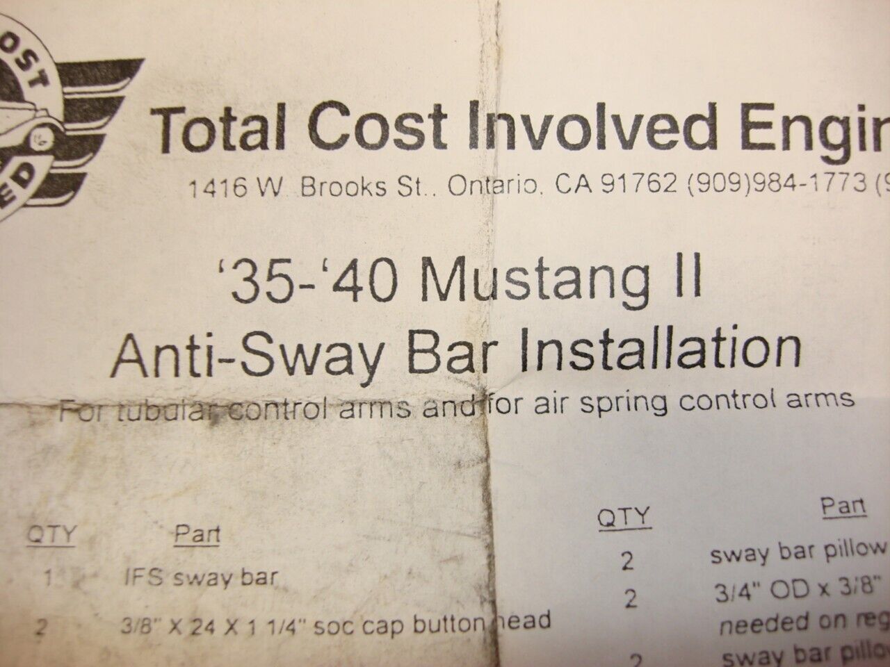 TOTAL COST INVOLVED 400491400 ANTI ROLL BAR 328320400 RACK 1962-67 NOVA/FORD R9