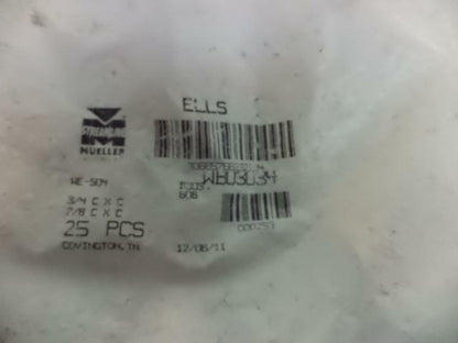 NEW 25 PACK MUELLER 3/4" COPPER FITTING 45 DEGREE ELBOW CxC WB03034 R10TC