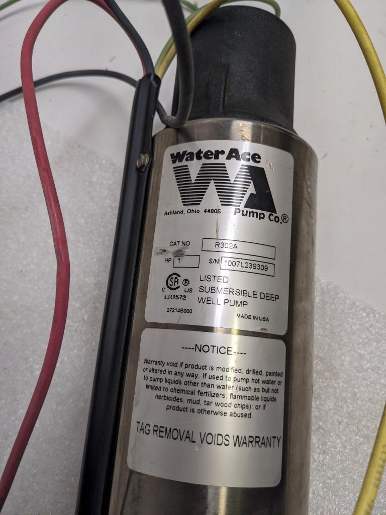 WATER ACE R302A SUBMERSIBLE 4" DEEP WELL PUMP 3-WIRE 1HP 10GPM 230V NEW H2