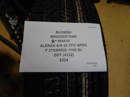BLEMISH BRIDGESTONE ALENZA A/S 02 TPC SPEC 275 60 20 115S SL TIRE B-005510 BQ4