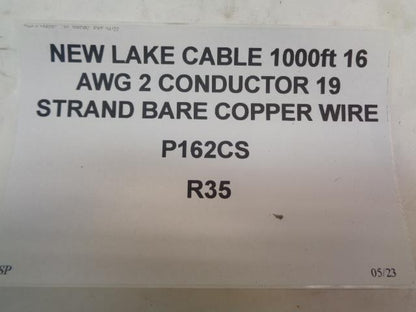 NEW LAKE CABLE 1000ft 16 AWG 2 CONDUCTOR 19 STRAND BARE COPPER WIRE P162CS R35