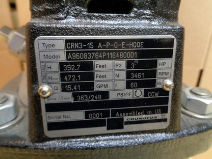 GRUNDFOS CRN3-15 APGE HQQE 96083764 3HP 3461RPM 1-1/4" NPT CENTRIFUGAL PUMP J2