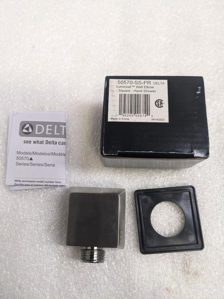 DELTA SQUARE WALL SUPPLY ELBOW HAND SHOWER-HOSE 50570 LUMICOAT STAINLESS NEW R28