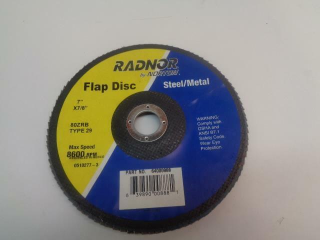 NEW 7 PACK OF RADNOR 7"x7/8" 80 GRIT ZIRCONIA ALUMINA FLAP DISK 64000888 R7TE