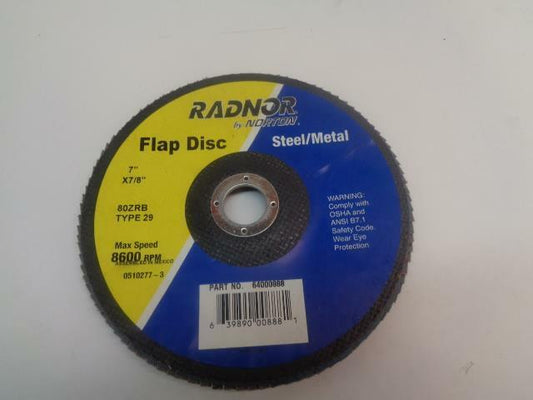 NEW 7 PACK OF RADNOR 7"x7/8" 80 GRIT ZIRCONIA ALUMINA FLAP DISK 64000888 R7TE