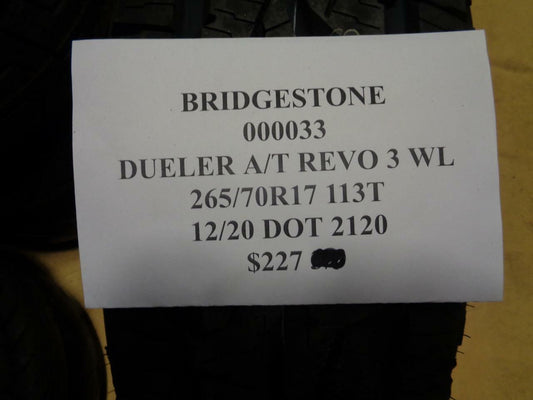 1 NEW BRIDGESTONE DUELER A/T REVO 3 OWL 265 70 17 113T ALL TERRAIN TIRE 000033
