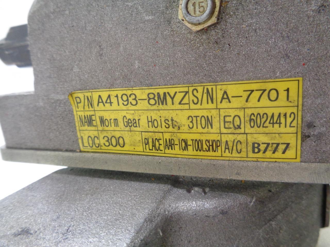 MORGAN AEROSAFE 3 TON/6000LB AEROSPACE GRADE WORM GEAR HOIST USED H2