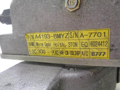 MORGAN AEROSAFE 3 TON/6000LB AEROSPACE GRADE WORM GEAR HOIST USED H2