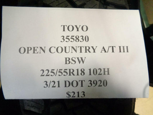 1 NEW TOYO OPEN COUNTRY A/T III BSW 225 55 18 102H ALL TERRAIN TIRE 355830 Q1