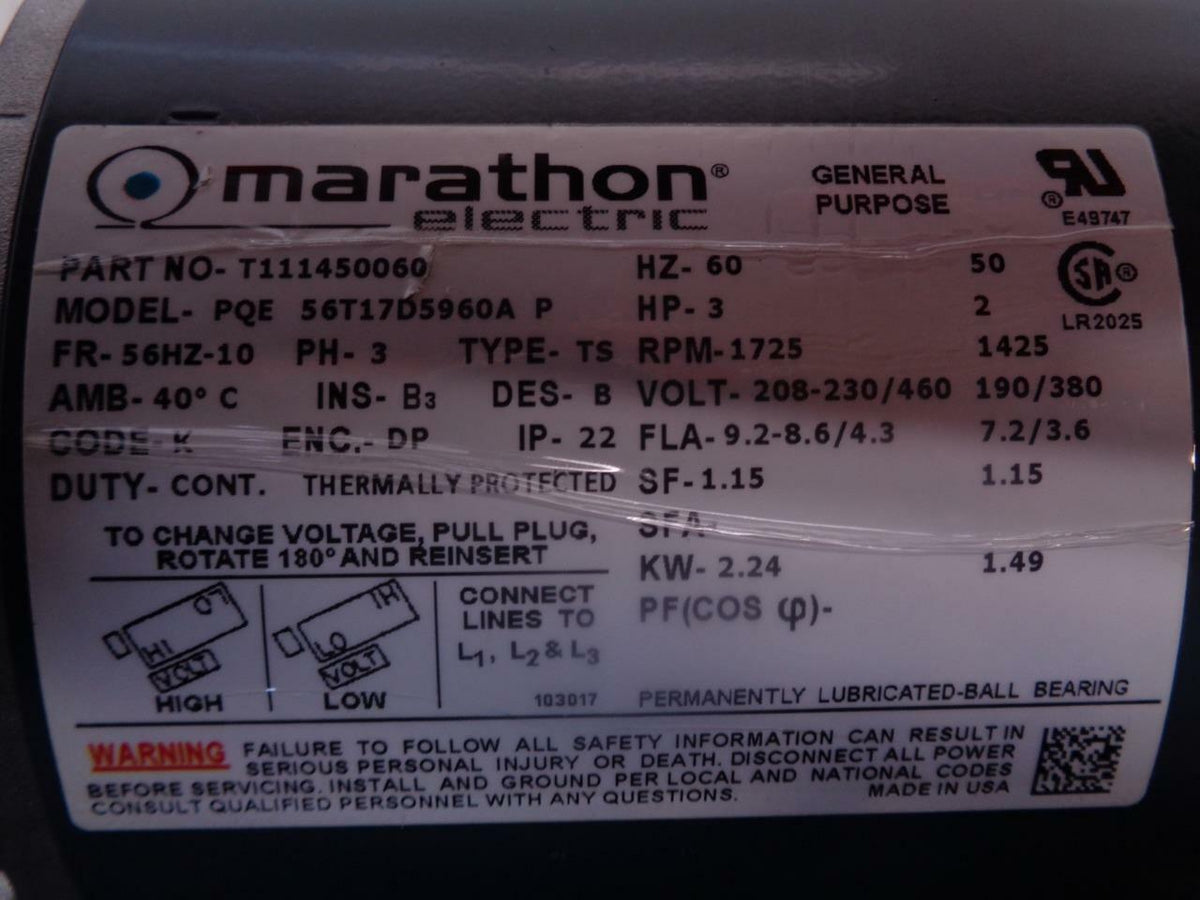NEW MARATHON ELECTRIC PQE56T17D5960AP CONDENSER FAN MOTOR T111450060 H1