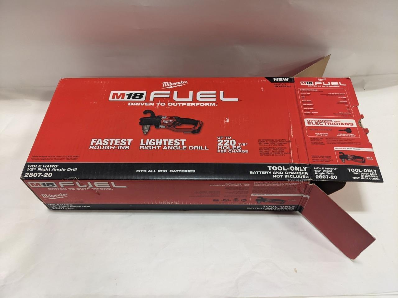 BRAND NEW MILWAUKEE M18 FUEL RIGHT ANGLE DRILL 1/2" HOLE HAWG 2807-20 BSR35