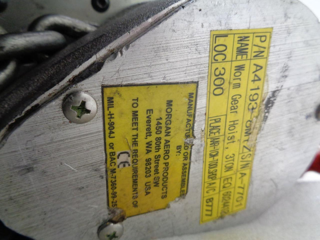 MORGAN AEROSAFE 3 TON/6000LB AEROSPACE GRADE WORM GEAR HOIST USED H2