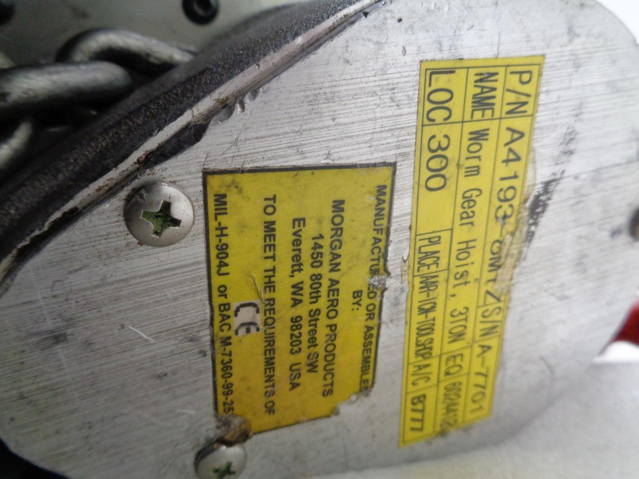 MORGAN AEROSAFE 3 TON/6000LB AEROSPACE GRADE WORM GEAR HOIST USED H2