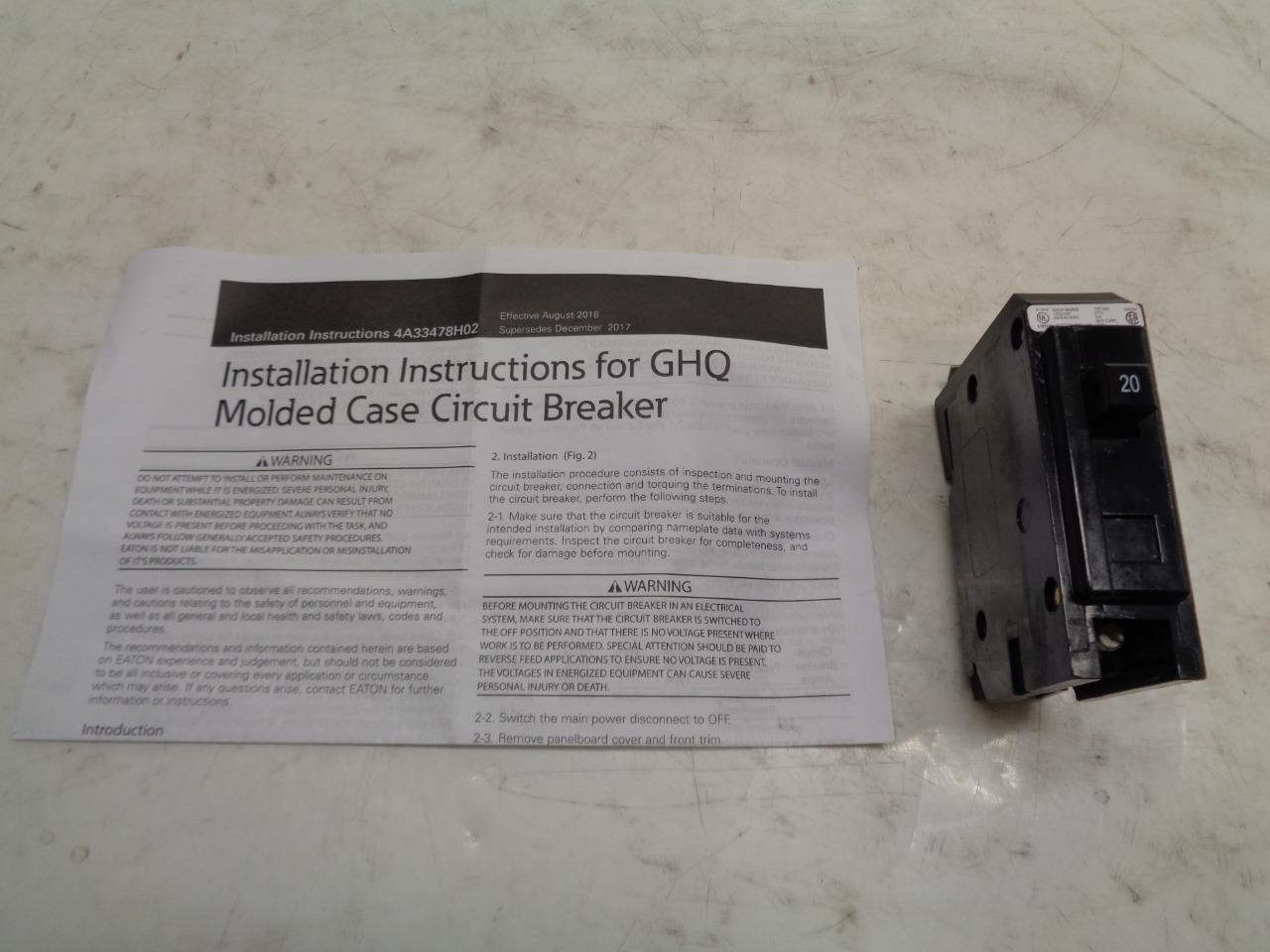 NEW EATON MOLDED CASE BOLT-ON BREAKER 1 POLE GHQ1020, 20 AMPS, 277 VOLTS R4