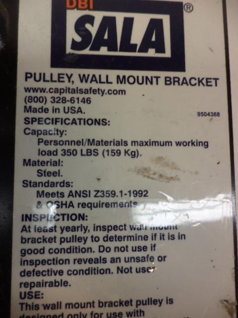 DBI SALA 8004176 WALL MOUNTED PULLEY BRACKET FOR SEALED LIFT WINCHES 350LB H2