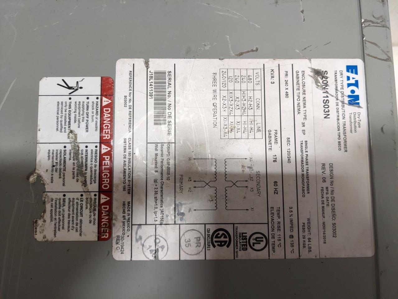 Eaton Cutler Hammer S20N11S03N  Phase 1 3000VA Class H Transformer NEW BSRG2