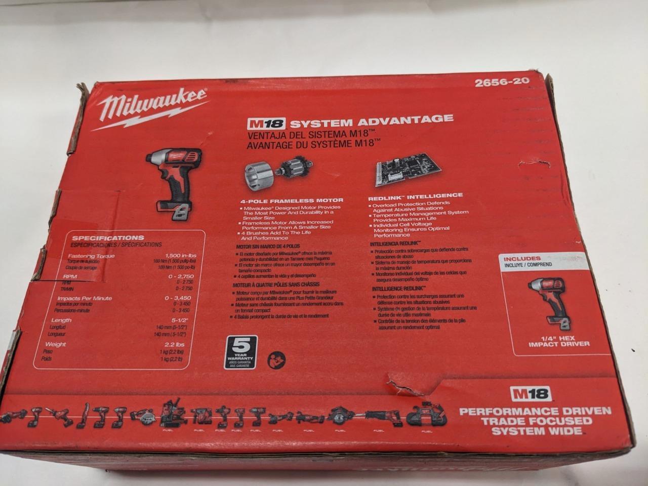 MILWAUKEE M18 CORDLESS LITHIUM-ION 1/4" HEX IMPACT DRIVER 2656-20 BSR35