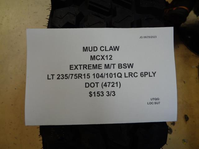 MUD CLAW EXTREME M/T BSW LT 235 75 15 104/101Q LRC 6PLY TIRE MCX12 BQ3 SU7