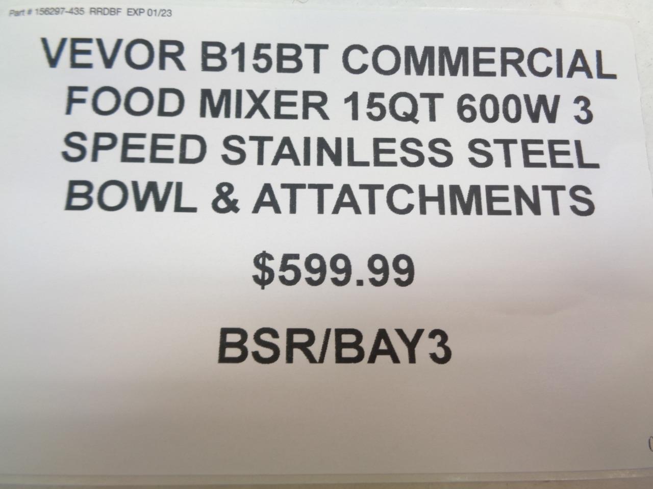 VEVOR B15BT COMMERCIAL FOOD MIXER 15QT 600W 3 SPEED STAINLESS STEEL BSR/BAY3