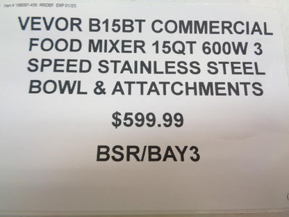 VEVOR B15BT COMMERCIAL FOOD MIXER 15QT 600W 3 SPEED STAINLESS STEEL BSR/BAY3