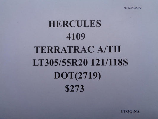 1 HERCULES TERRATRAC A/TII LT 305 55 20 121/118S TIRE 4109 SU7